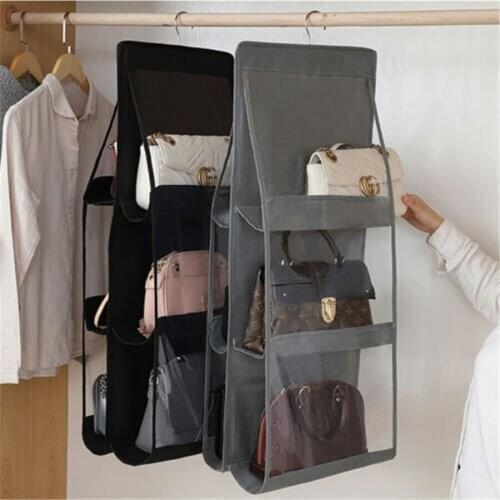 6 Pockets Clear Hanging Storage Bag Purse Handbag Tote Bag Clothes Socks Storage Organizer Closet Rack Hangers