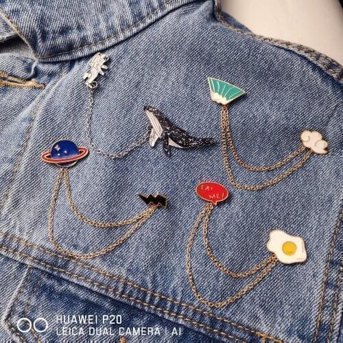 Rinhoo Earth Lightning Astronaut Whale Egg Cloud Mountain Brooch Pin Double Tassel Chain Alloy Small Brooch Badge Party Jewelry