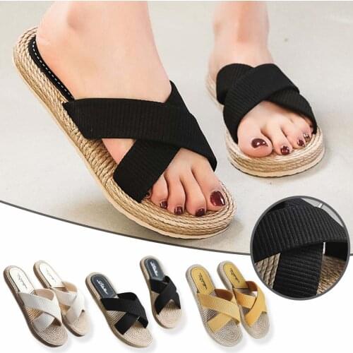 Summer Sandals Women 2021 Comfortable Imitation Straw Slippers Flat Beach Shoes Cross Strap Slippers шлепанцы женские летние