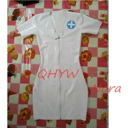 Sexy White Short Sleeve Latex Fetish Dress Rubber Doctor Nurse Cosplay with Back Zipper Club Party Wear