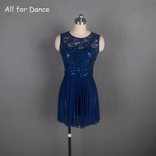 Navy Blue Leotard With Sequin Lace And Mesh Dress For Adult Ballet Dance Lyrica Performance Dance Skirt