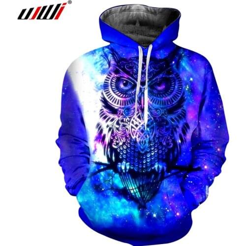 UJWI Oversize Hoodies Blue Mens Cool Print Owl 3d Sweatshirts Hombre Hip Hop Punk Style Outwears Tracksuits Hooded Pullovers