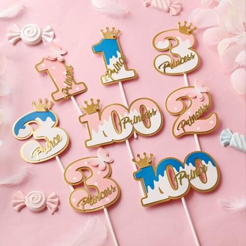 Number Cake Topper Pink Black Blue Crown Butterfly Noble 1 2 3 digit Baby Kid Happy Birthday Cake Decoration Dessert Supplies