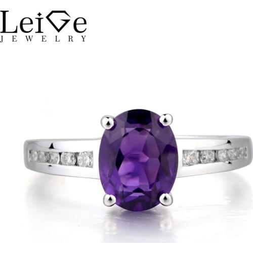 Leige Jewelry Natural Amethyst Silver Ring Wedding Ring February Birthstone Oval Cut Purple Gemstone 925 Sterling Silver Gifts