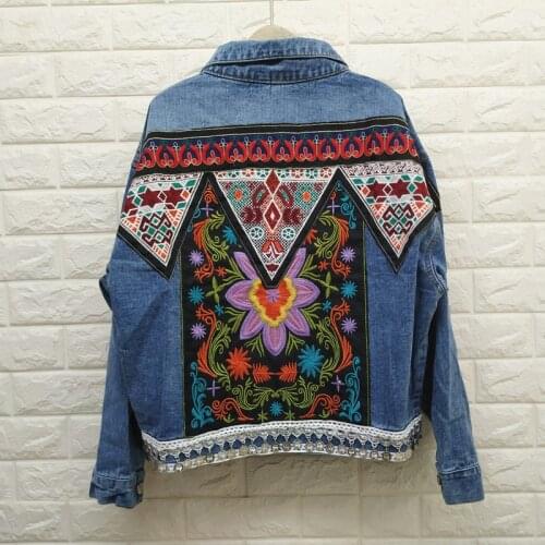 Ethnic Style Geometric Pattern Embroidery Denim Jacket For Women Vintage Long-Sleeve Jeans Basic Coat Spring Female Outwear