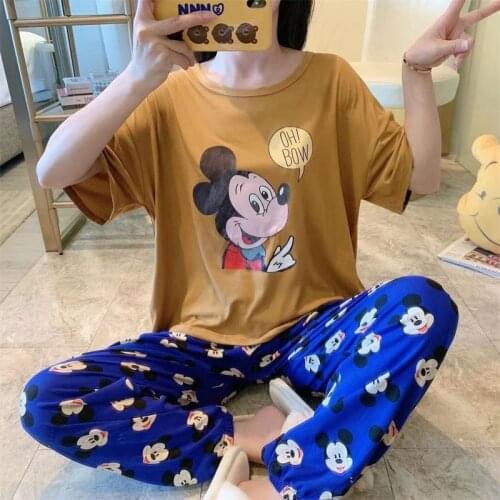 Disney ladies cartoon Mickey print summer cute pajamas womens short-sleeved trousers and trousers home service suit