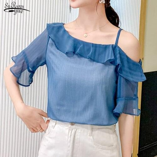 2021 Spliced Solid Ruffled Chiffon Short Flare Sleeve Ladies Tops Korean Fashion Clothing Elegant Blue Shirt Blusas Female 14110