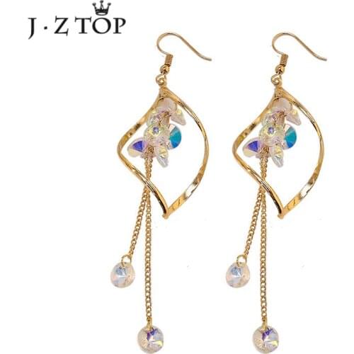 JZTOP Luxury Women Crystal Tassel Long Drop Earrings Gold Silver Color Wave Geometric Dangle Earring Female Wedding Earring