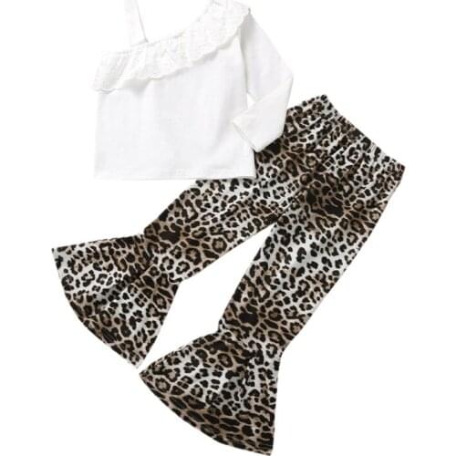 1-5 Years Girl Leopard 2pcs Set Solid White Single Sleeve Tops Leopard Long Pants Outfits For Girls Spring Autumn Casual Outfits
