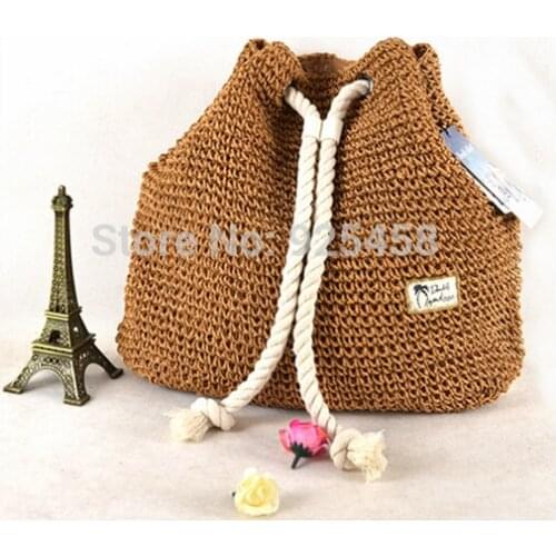 Women Sweet Hook Flower Straw Backpack Drawstring Straw Knitted Lightweight Shoulder Cross Body Bag Boho Style