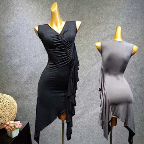 Black/Gray Latin Dance Dress Women Sleeveless Dress Irregular Dancing Skirt Latin Practice Wear ChaCha Dress Latin Dress VDB924