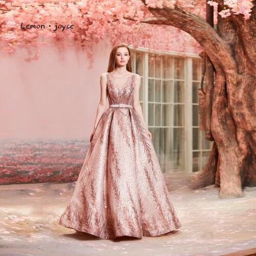 Lemon joyce Pink Evening Dresses 2020 O-neck Sleeveless Sexy illusion backless A-line Prom Party Gowns Plus Size robe de soiree