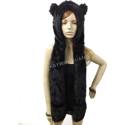 1pc/Lot Winter Nice Quality Crazy Cat Faux Fur Hood Animal Hat With Ear Flaps and Hand Pockets 3 in 1 Function