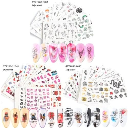 16pcs Fun Nail Art Stickers Nail Decals 3D Self-Adhesive Abstract Lady Face Rose Leaf Design Manicure Tips Decoration