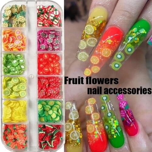 3D Nail Fruit Flower Nail Art Decoration Colorful Mixed Nail Sequins Watermelon Orange Strawberry Nail Accessories 12 Grids/box