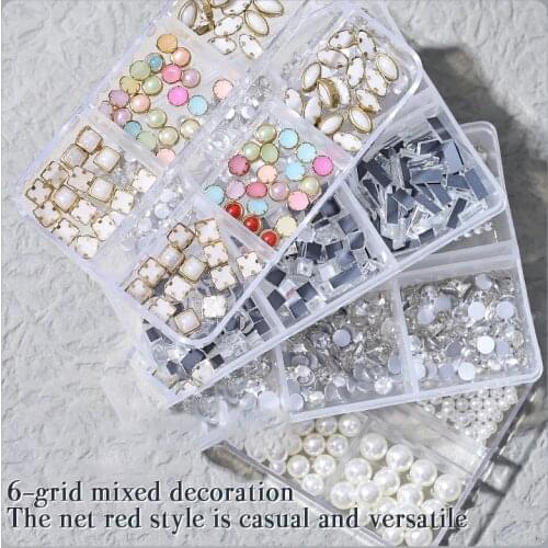 6 Grid Mixed Nail Art Accessories Flat Bottom Diamond Size Mixed Rhinestone Square Diamond All-match Pearl Nail Accessories