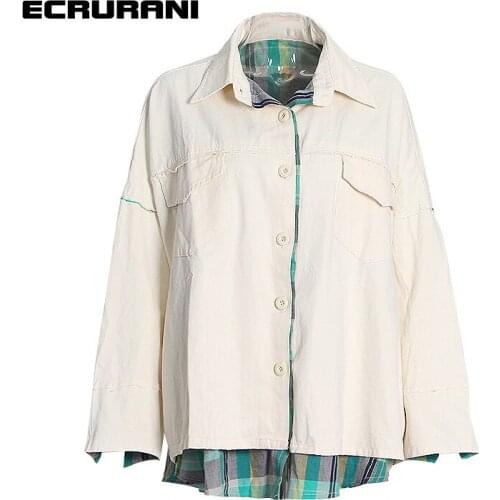ECRURANI Patchwork Plaid Casual Jackets For Women Lapel Long Sleeve Hit Color Temperament Loose Coats Females New Clothing 2021