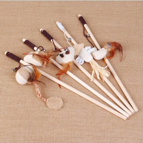 Pet Cat Teaser Toy Feather Linen Wand Cat Catcher Stick Interactive Toys Cat Wood Rod Mouse Fish Chick Shape