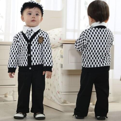 Christening Suits for Boys Kids Brand Wedding Prom Suits Single Braested V-neck Cotton Plaid Jacket Sets 4 Pieces for Baby Boy