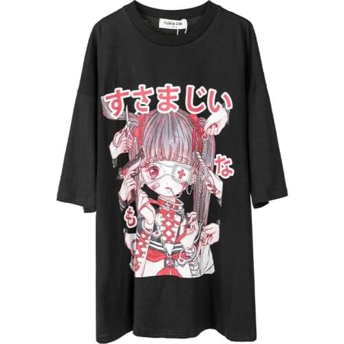 Summer Women Long T Shirt Harakuju Cartoon Print Casual Loose Tops Short Sleeve O-neck Sweet Style Clothes For Teen Girls