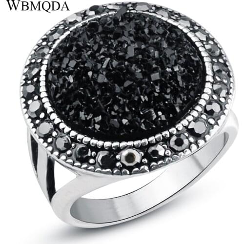Hot Vintage Black Broken Stone Crystal Round Rings For Women Bohemian Punk Silver Plated Engagement Ring Fashion Jewelry 2018