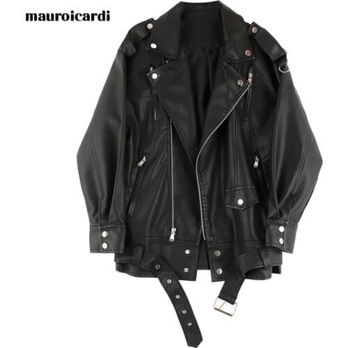 Mauroicardi Spring autumn loose leather biker jacket for men style long sleeve zipper Soft faux leather jackets for men brand