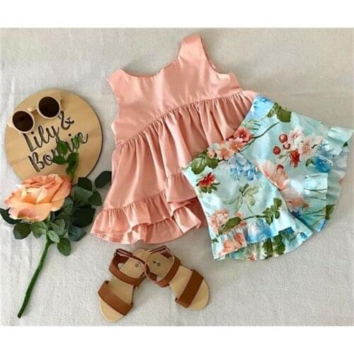 Toddler Kids Baby Girl Solid Ruffle Dress Tops & Floral Shorts Pants Outfits Set
