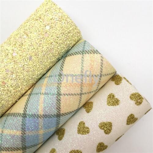 Onefly 21X29CM Yellow Glitter Leather, Tartan hearts Printed Faux Glitter Fabric Sheets For Bow DIY handbags shoes AQ031