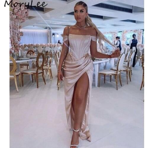 Prom Dresses Scoop Sleeveless A-Line Side Slit Silk Satin Pleated Prom Dresses With Zipper Back vestidos de fiesta de noche