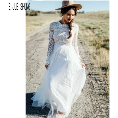 E JUE SHUNG Simple Print Lace Wedding Dresses O Neck Long Sleeve Button Back Long Tulle Bridal Gowns Robe De Mariee Bride Dress