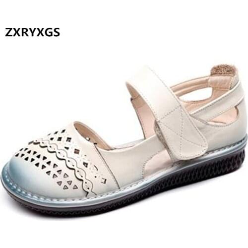 New Summer Round Head Hollow Breathable Sandals Genuine Leather Women Sandals Flat Comfortable Mother Sandals Fashion Sandals