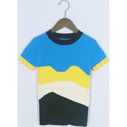 Black Blue yellow white 4 colors rainbow waves knit short sleeve summer t-shirt for kids boys girls