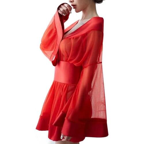 Japanese Women Sexy Lingerie Sheer See Through Japanese Kimono Cosplay Costume Role Playing Short Robe with Bow