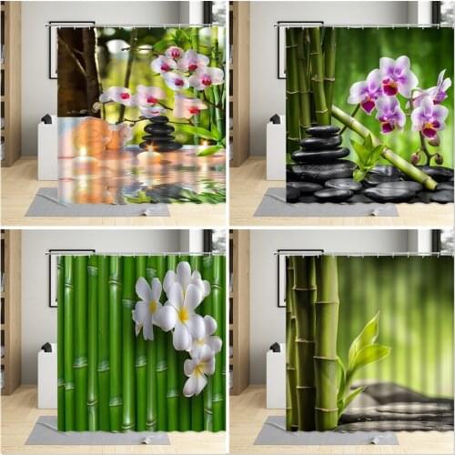3D Zen Bathroom Curtain Green Bamboo Flower Buddha Stone Leaf Polyester Home Decorative Bathtub Hanging Curtains Sets With Hooks