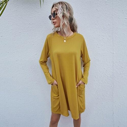 Autumn New Long Sleeve O-Neck Loose T-Shirt Dress Women Solid Color Casual Pocket Decor Mini Vestidos Korean Fashion Streetwear