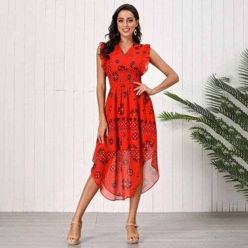 2021 Summer New Style Dress Red Fashion Sexy V-neck Womens Casual Slim Sleeveless Ruffled Patchwork Printed Irregular Dress