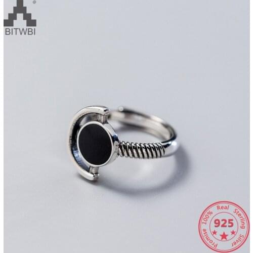Korea Hot Style S925 Sterling Silver Simple Retro Vintage Black Crystal Letter D Open Ring Jewelry for Women