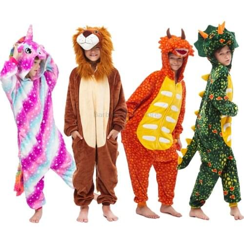 Winter Flannel Winter Kigurumi Dragon Lion Pajamas Childrens Sleepwear Pyjamas Kids Pijamas Girls Onesie Boys Hooded Jumpsuits