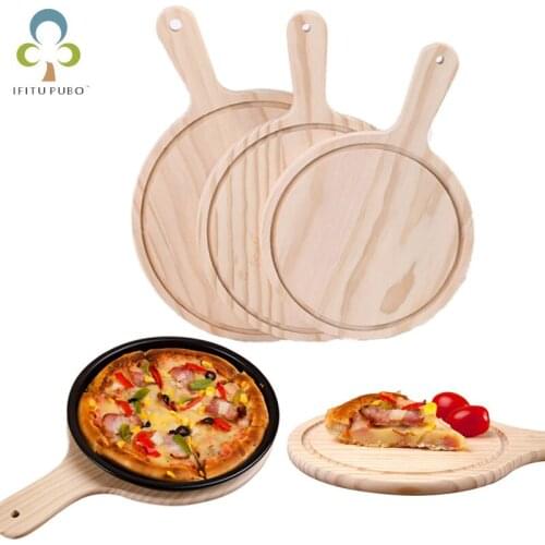 1Pc Wooden Pizza board Round with Hand Pizza Baking Tray Pizza Stone Cutting Board Platter Pizza Cake Kitchen Bakeware Tools YJN
