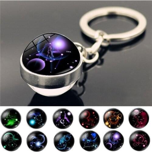 12 Constellation keychain Pendant Double-sided Glass Ball Keychain Keyring School Bag Crystal Pendant