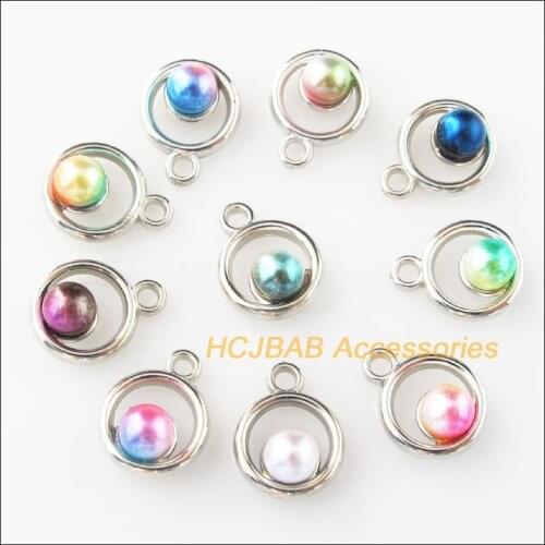 30Pcs Dull Silver Plated Round Colored Acrylic Charms Pendants 12x15mm