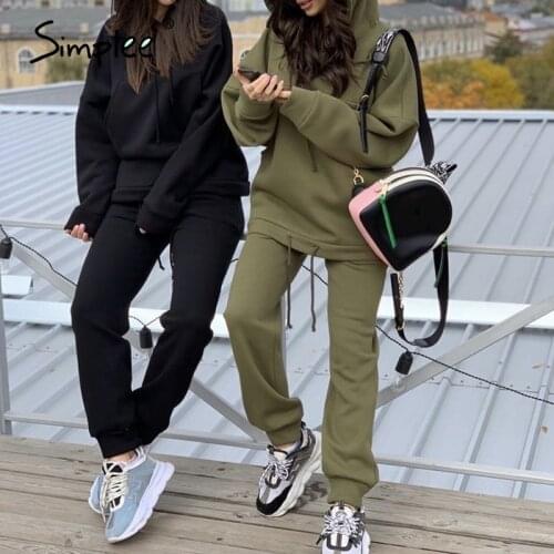 Simplee Fashion oversized hoodie set women Thick fleece sport suit hooded sweatshirt Autumn winter womens two piece set 2020