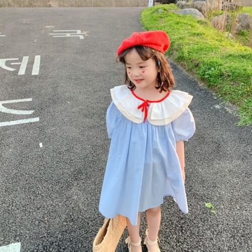 MILANCEL 2021 Summer New Girls Dress Korean Double Doll Collar Short Sleeve Solid Clothes