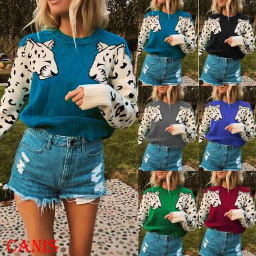 Fashion Womens Knitted Sweaters Long Sleeve Cheetah head print splice Tops Ladies Casual KnitWear Loose Jumper Pullover