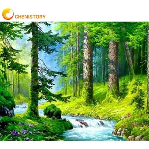 CHENISTORY 60x75cm Diy Frame Paint By Numbers Forest Streams For Adult Kit Handpainted Coloring By Number Home Decor Art Drawing