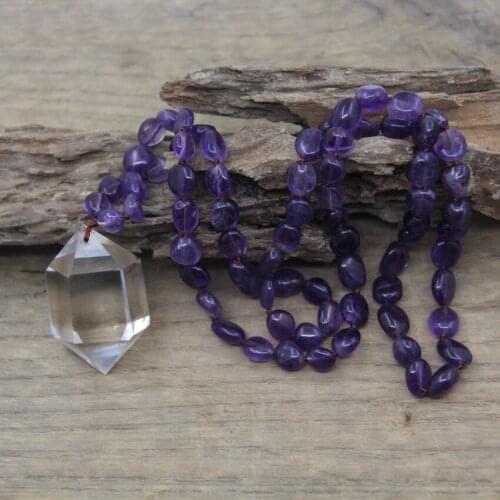 Natural Amethysts Nugget Chip Beads Handmade Knot Necklace Crystal Double Point Pendants Mala Yoga Jewelry Wholesales,QC0123