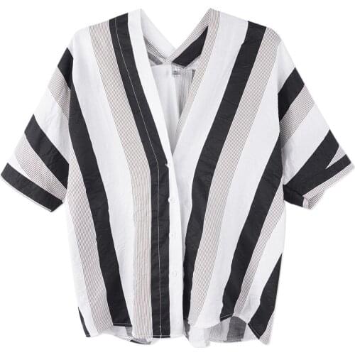Neatie kiddie Long Sleeve V-neck Stripe Women Blouse Tops Streetwear Korean Style Casual Loose Shirt Femme