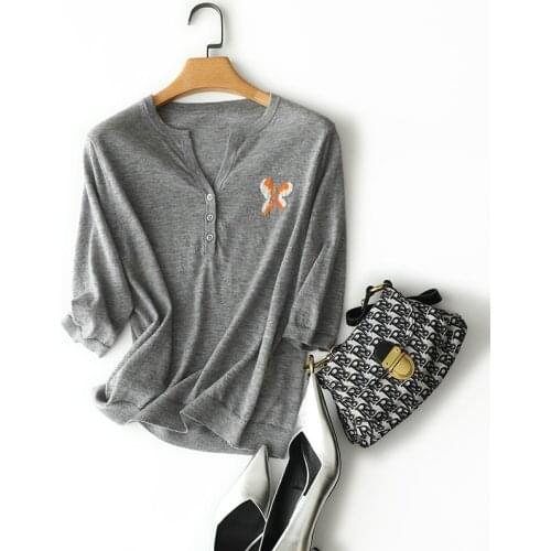 2022 new worsted 100% cashmere pullovers womens lightweight v neck short sleeve soft sweater knitted chic embroidery butterfly