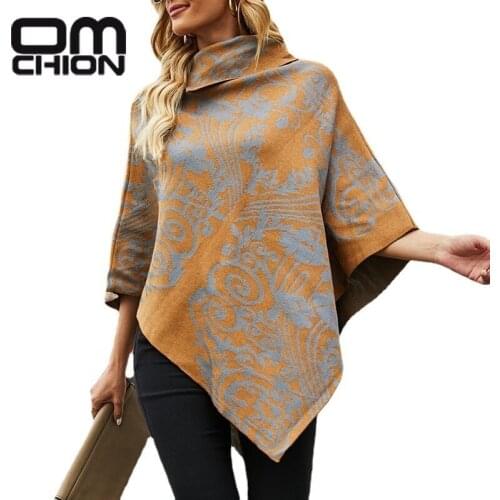 OMCHION Womens Winter Clothing 2021 New Lapel Printed Cloak Shawl Sweater Coat Fmeale Korean Style Oversized Knitted Poncho