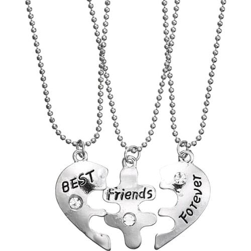 3 Pcs/Set Best Friend Necklace Silver Color Rhinestone Long Chain Heart Shape Pendant Necklace Best Friend Forever BFF Jewelry